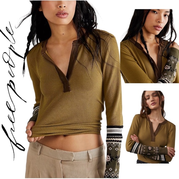 Free People Tops - NWT Free People MIKAH LAYERING CUFF ARMY Thermal Long Sleeve Green